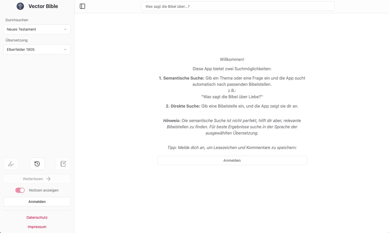 Screenshot der Vector Bible Web-App
