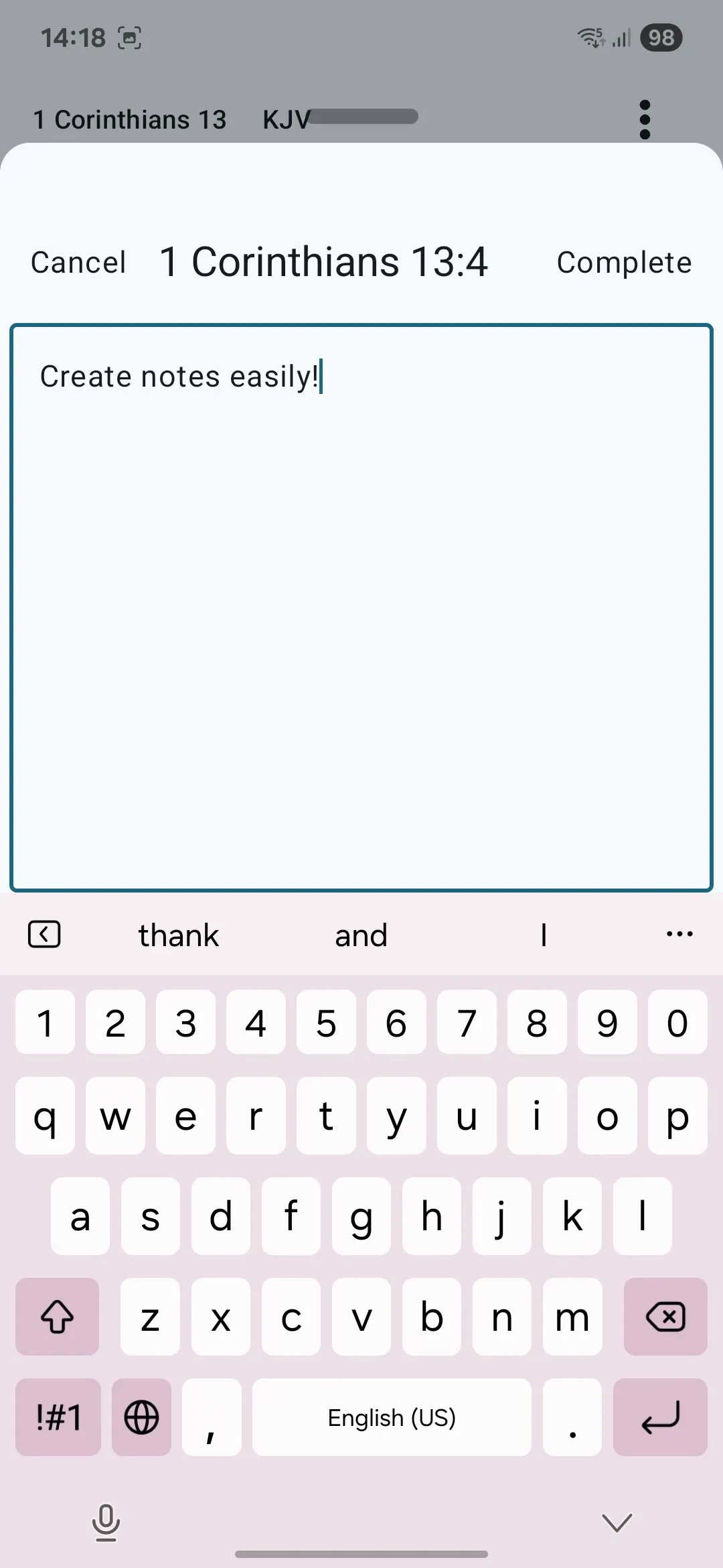 Screenshot of the notes feature of the Vector Bible app