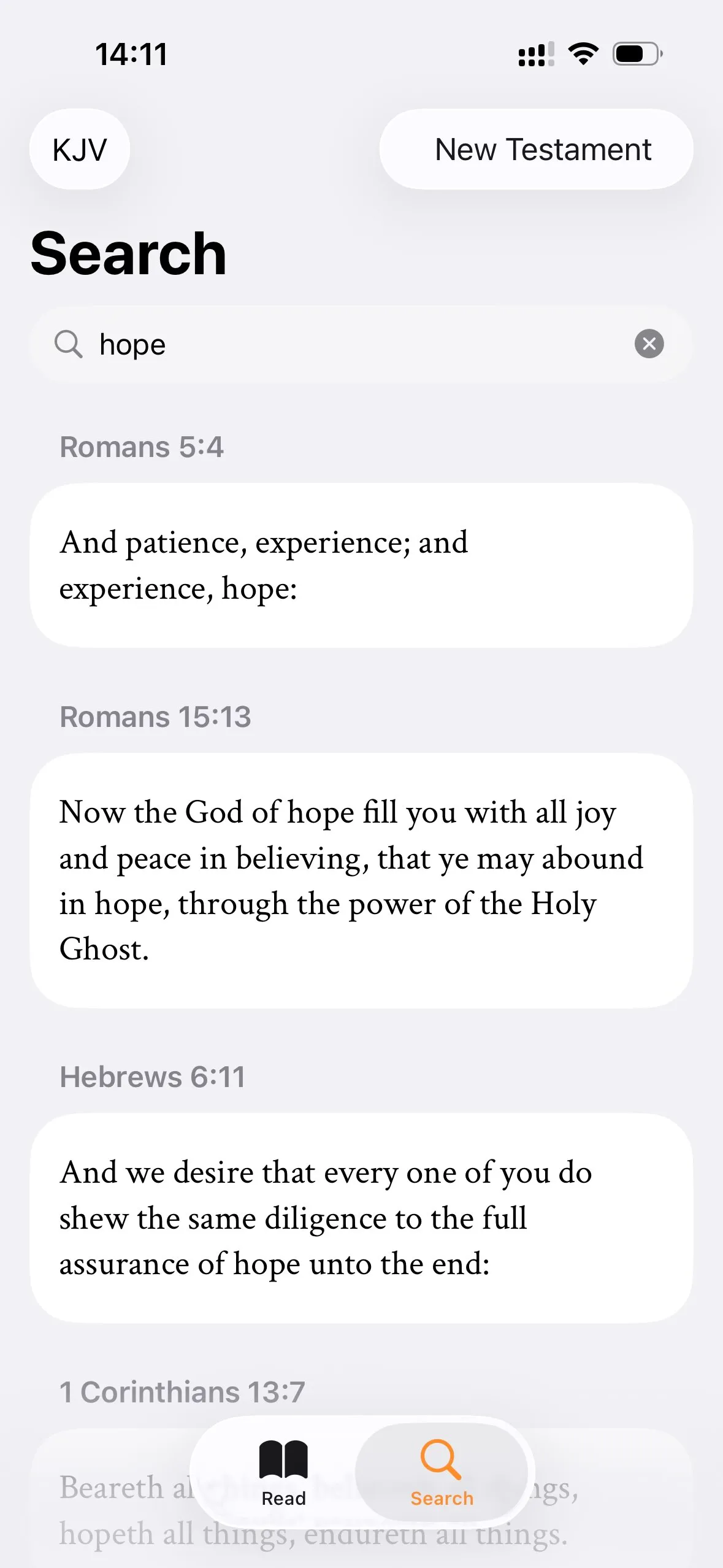 Screenshot of the search function of the Vector Bible app